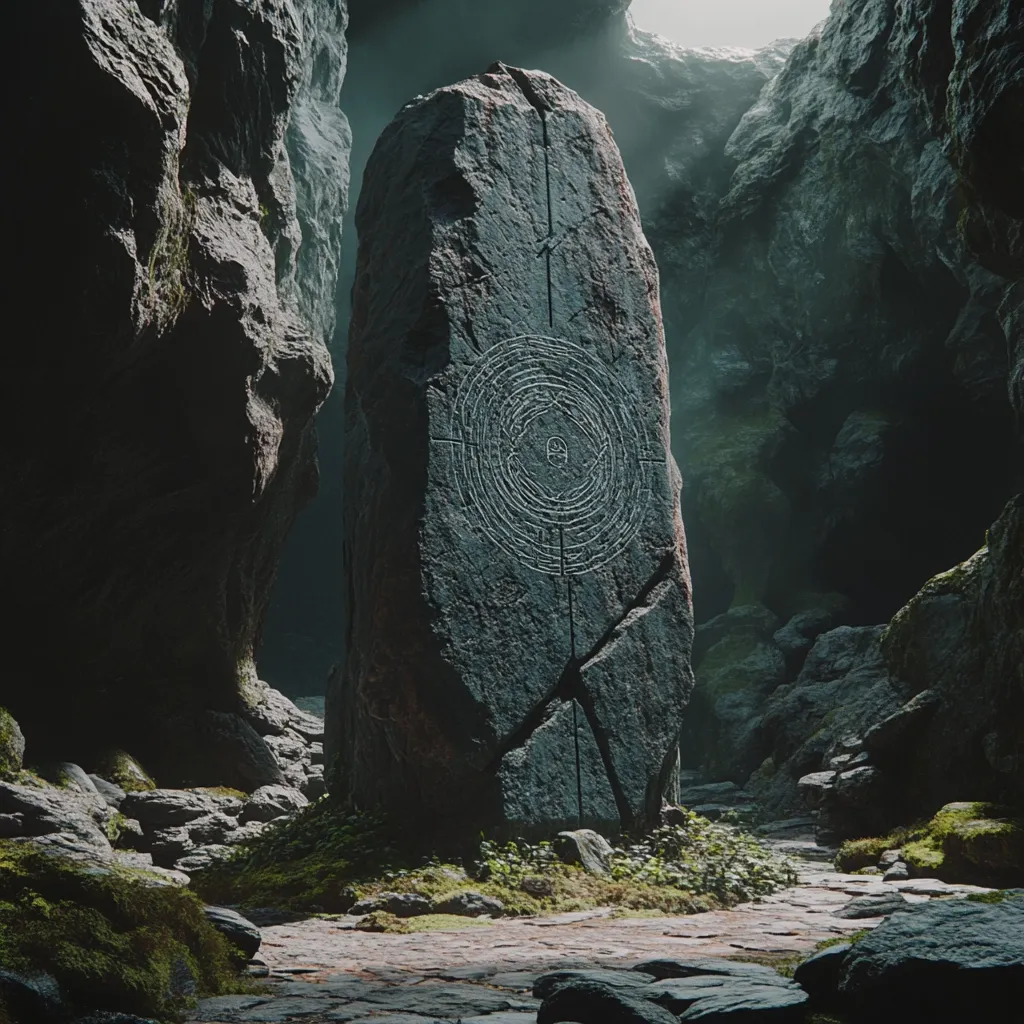 A large, weathered stone monolith stands tall in a shadowy, moss-covered cavern. Carved into its surface is a complex, circular design, resembling a maze or ancient symbol. The monolith is surrounded by rocks and a path leading towards it, suggesting a place of mystery and perhaps, significance. Light filters in from above, illuminating the scene with a soft, ethereal glow. The atmosphere is one of intrigue and the unknown.