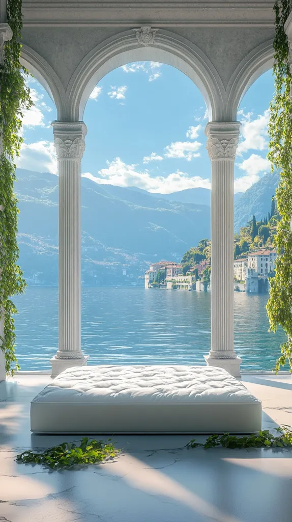A white mattress sits on a white marble floor in front of an arched doorway. The doorway looks out over a serene lake with mountains in the distance. Green foliage frames the scene. The overall atmosphere is peaceful and inviting.