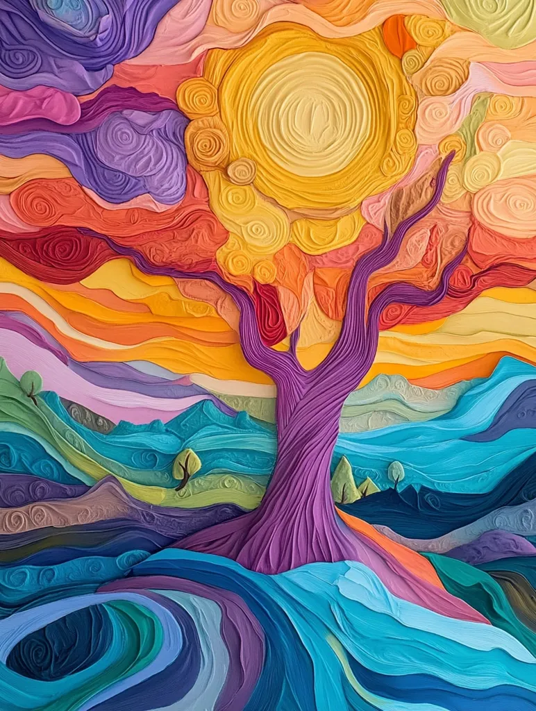 A colorful, abstract landscape, possibly a forest scene, is created with layers of textured paper. A large, purple tree with a textured trunk dominates the center. It has a bright yellow sun at its peak and hills and valleys layered in front of it, with bright blues and greens dominating the foreground. The image appears to be a 3D model made of paper.