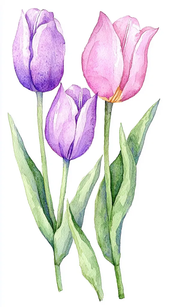 A watercolor painting of three tulips. The tulips are all different colors: one is a vibrant purple, another a pale pink, and the third a light lavender. They have long green stems and leaves. The painting is done in a delicate and realistic style.