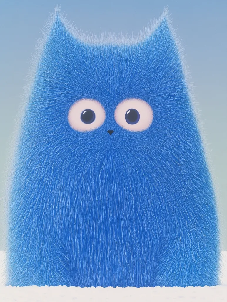 A fluffy, blue cat with large, round eyes sits in a snowy landscape. Its fur is thick and soft, and its expression is one of innocent curiosity. The background is a pale blue, suggesting a clear sky or a winter wonderland. The cat's  simple design and soft colors create a sense of warmth and playfulness.