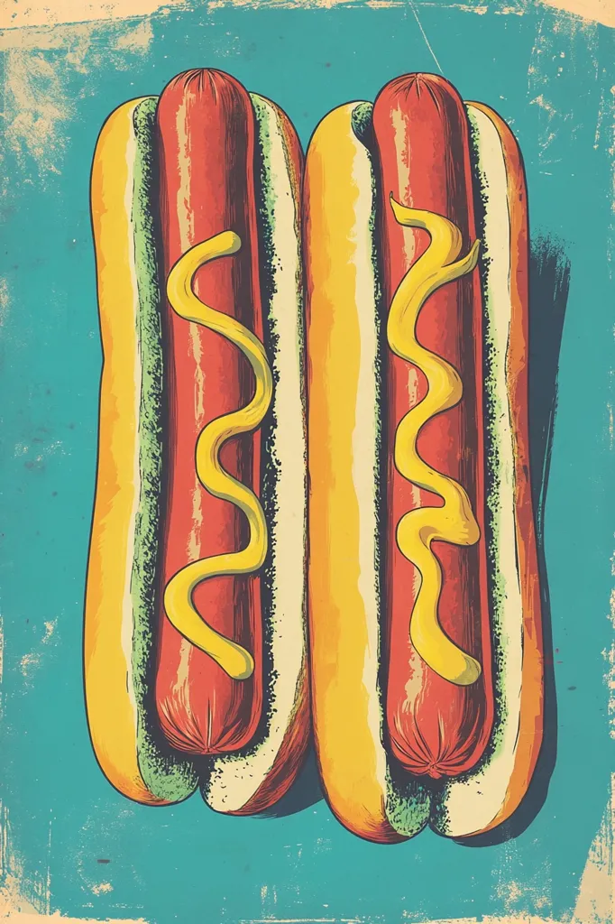 The image shows two hot dogs, drawn in a vintage style. The hot dogs are topped with mustard and have a textured, almost grainy look. The background is a light blue color with a distressed texture. The hot dogs are positioned side-by-side, creating a symmetrical composition.  The image evokes a sense of nostalgia and classic American food.