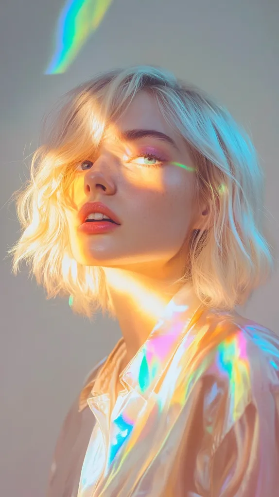 A young woman with short blonde hair is illuminated by a rainbow light. Her face is partly obscured by the light, but her blue eyes and pink lips are visible. She is wearing a holographic jacket. The image is bright and colorful, creating a whimsical and dreamy atmosphere.