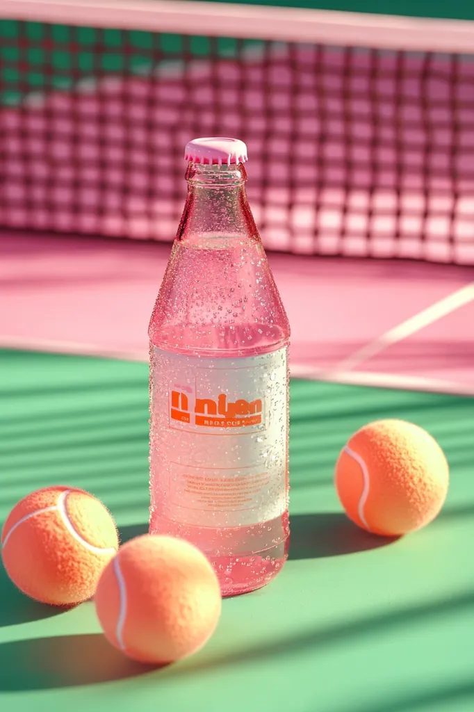 A glass bottle of pink soda with a white cap sits on a green surface. Three tennis balls are scattered around the bottle. The bottle is partially covered in condensation, and the background is a pink tennis court net. The overall scene is bright and sunny.