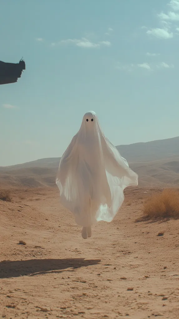 A ghostly figure, shrouded in white fabric, floats over a desolate desert landscape. The figure's face is hidden, but two black eyes are visible through the thin fabric. The figure's arms are outstretched, as if reaching for something out of frame. The desert is vast and empty, with only a few scattered bushes and rocks. The sky is a pale blue, and the sun is shining brightly. The scene is eerie and otherworldly, evoking a sense of mystery and isolation.