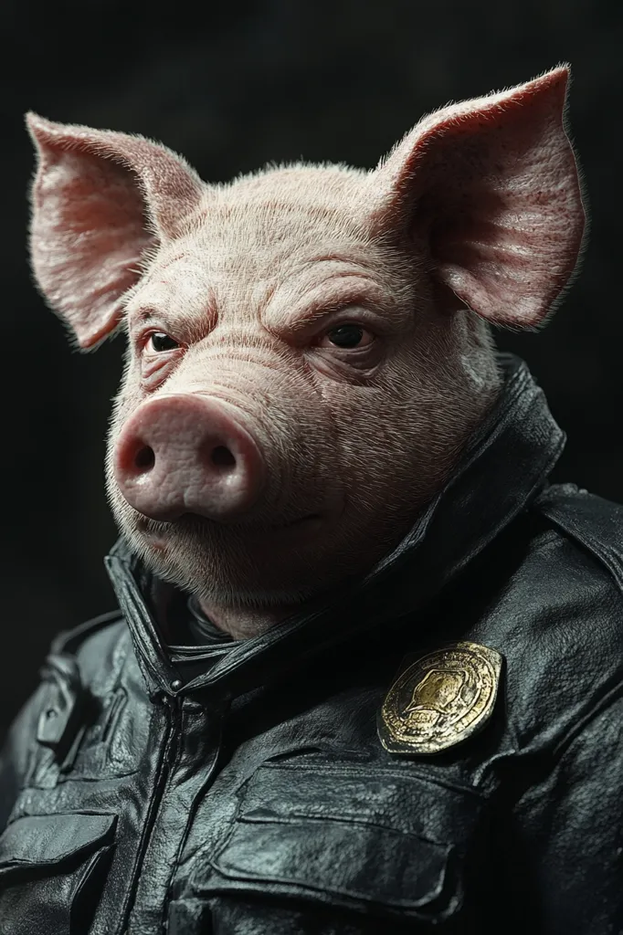 The image is a close-up of a pig's head. The pig is wearing a black leather jacket with a gold badge on the shoulder. The pig has a serious expression on its face. The background is dark and blurry. The image is likely a humorous or satirical take on the idea of a pig being a police officer.