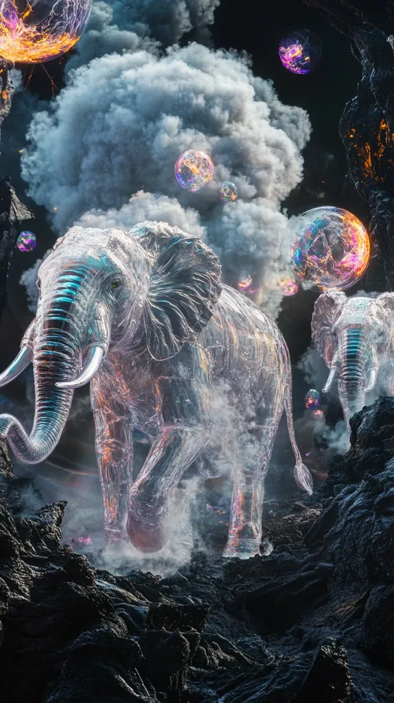 A translucent elephant walks across a dark, rocky landscape. It is surrounded by swirling clouds and glowing orbs of light. The elephant's form is almost ethereal, as if it is made of glass or smoke.  Another, smaller, elephant can be seen in the background, also walking through the smoky air. The scene has an otherworldly and surreal quality, and it is unclear whether the elephants are real or figments of the imagination.
