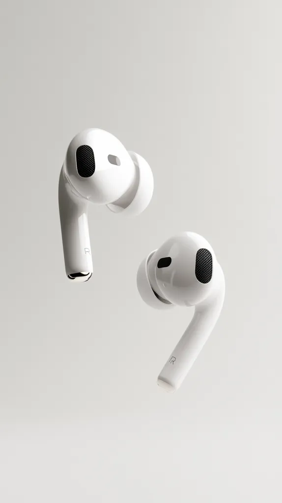Two white wireless earbuds, one with a black speaker grill on the top, are shown against a plain white background.  The earbuds are positioned so that their speaker grills face the viewer.  The earbud on the left has an "R" printed on the side, while the earbud on the right has an "L".  They are designed to fit in the ear and have a stem that protrudes.  The image is focused on the earbuds, with the background blurred out.  The earbuds are made of a smooth, white plastic material.  The image is taken from a slightly elevated angle.  The light source is coming from the top, creating a soft, even illumination.  The image is clean, crisp, and professional.
