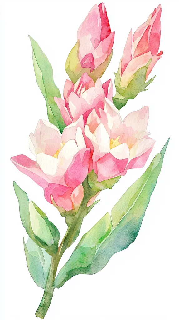 A delicate watercolor painting of a pink flower with soft petals. The flower is surrounded by lush green leaves, which create a sense of vibrancy and life. The painting is done in a loose and expressive style, which gives it a whimsical and romantic feel.  The painting has a background of white, which makes the colors of the flower and leaves pop. The leaves are a muted green color and the flower is a light pink. The image conveys a sense of fragility and beauty.