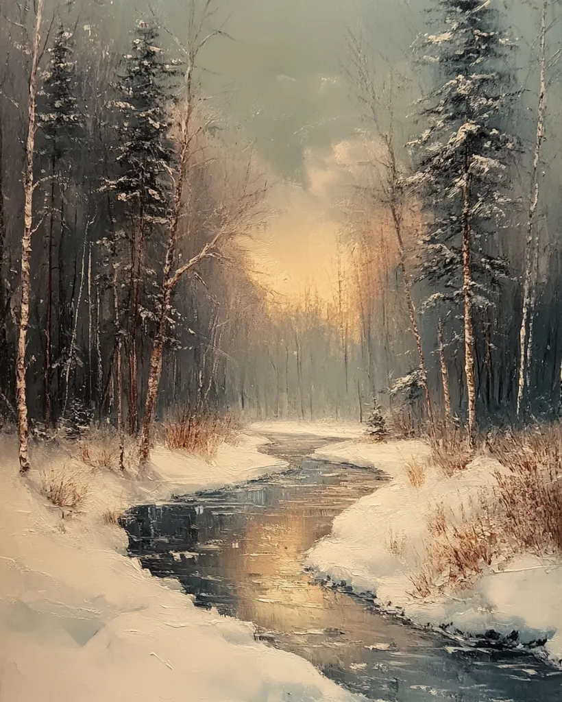 A winding stream flows through a snowy forest. The sun is setting, casting a warm glow on the snow. Tall trees line the banks of the stream, their branches laden with snow. The scene is peaceful and serene, a beautiful winter wonderland.