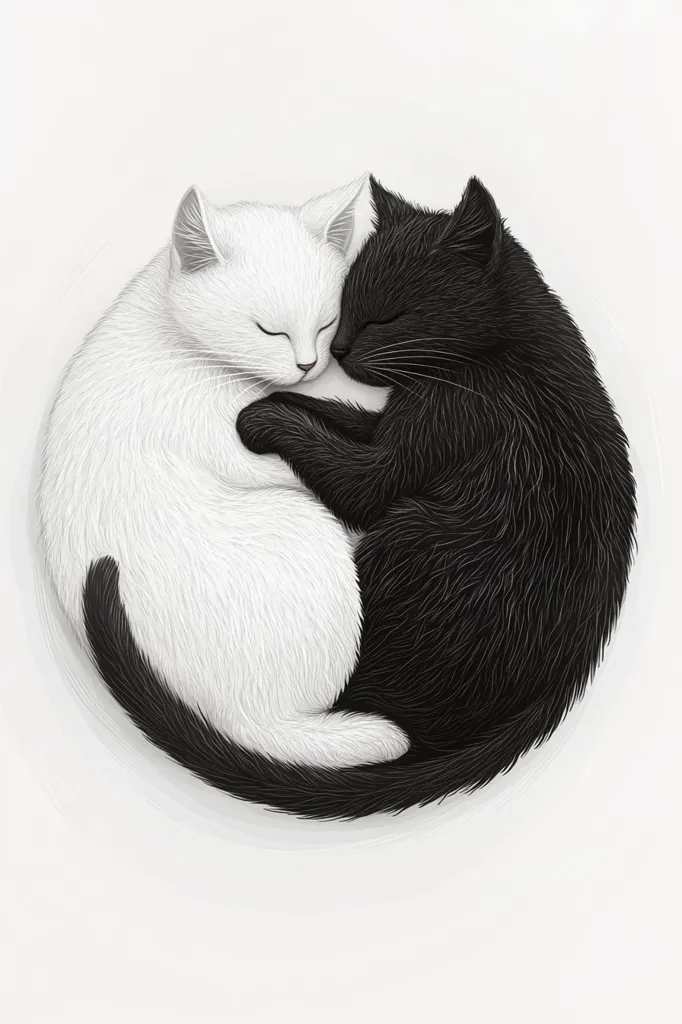 A black cat and a white cat are curled up together, their tails intertwined, forming a yin-yang symbol.  The white cat is on the left, with its head resting on the black cat's back. The black cat is on the right, its head resting on the white cat's back.  Both cats have their eyes closed, as if they are asleep. The image is simple, yet elegant, and conveys a sense of peace and harmony.