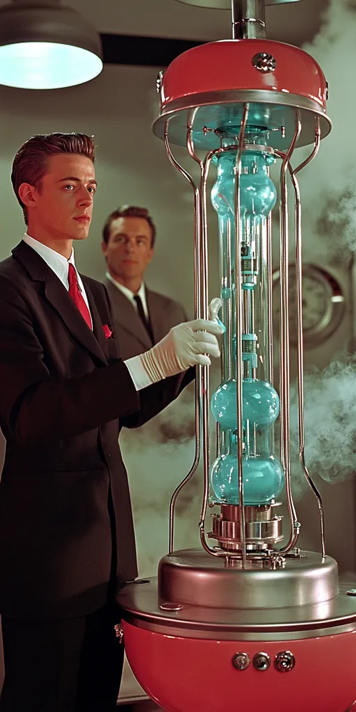 A man in a black suit and red tie stands in a laboratory setting, his gloved hand reaching toward a large, complex piece of machinery. The machine, made of polished metal and glass, features multiple round chambers filled with a turquoise liquid. The image conveys a sense of scientific experimentation and intrigue.