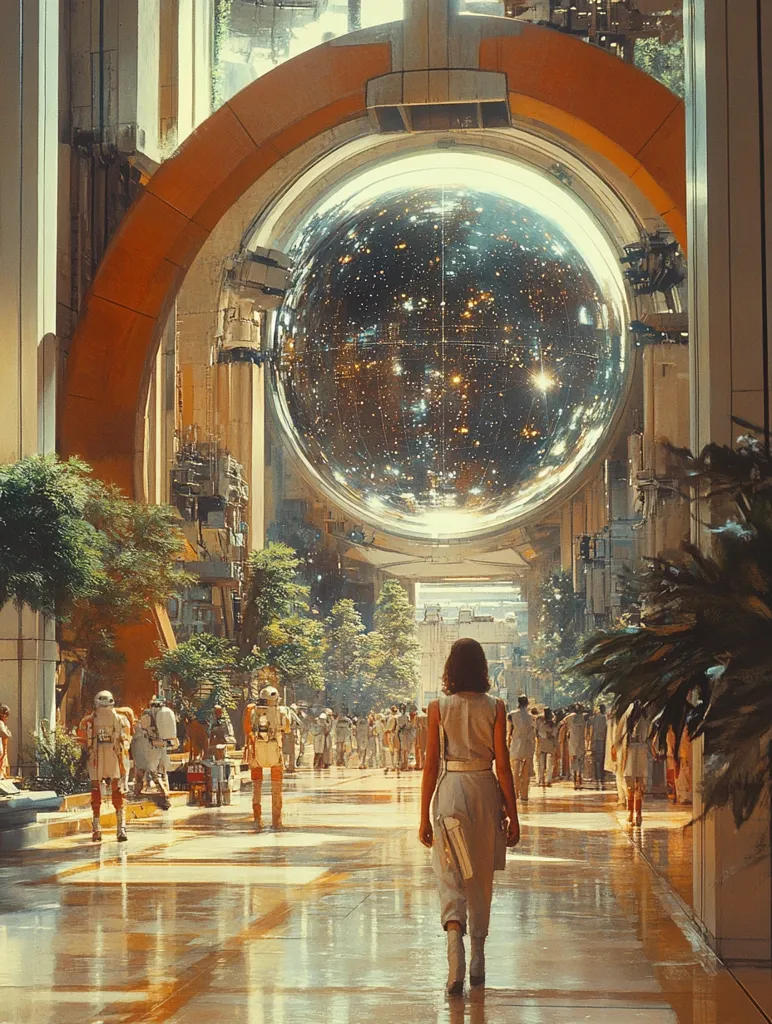 A lone woman walks away from the camera through a futuristic city. The woman is wearing a white dress and is walking down a long hallway with a reflective floor. In the background, there are many people, a large mirrored sphere with a starry sky inside, and tall buildings. The scene is brightly lit and bathed in a warm, yellow light.