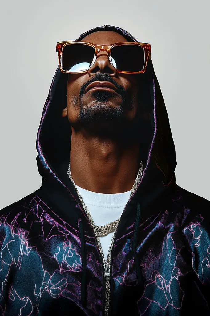 The image shows a man wearing a black hoodie with a floral pattern and a silver chain necklace. He's wearing large, brown-rimmed sunglasses and is looking up at the camera with a serious expression. The background is a plain, light gray, making the man and his clothing stand out. The overall image has a cool and stylish vibe.