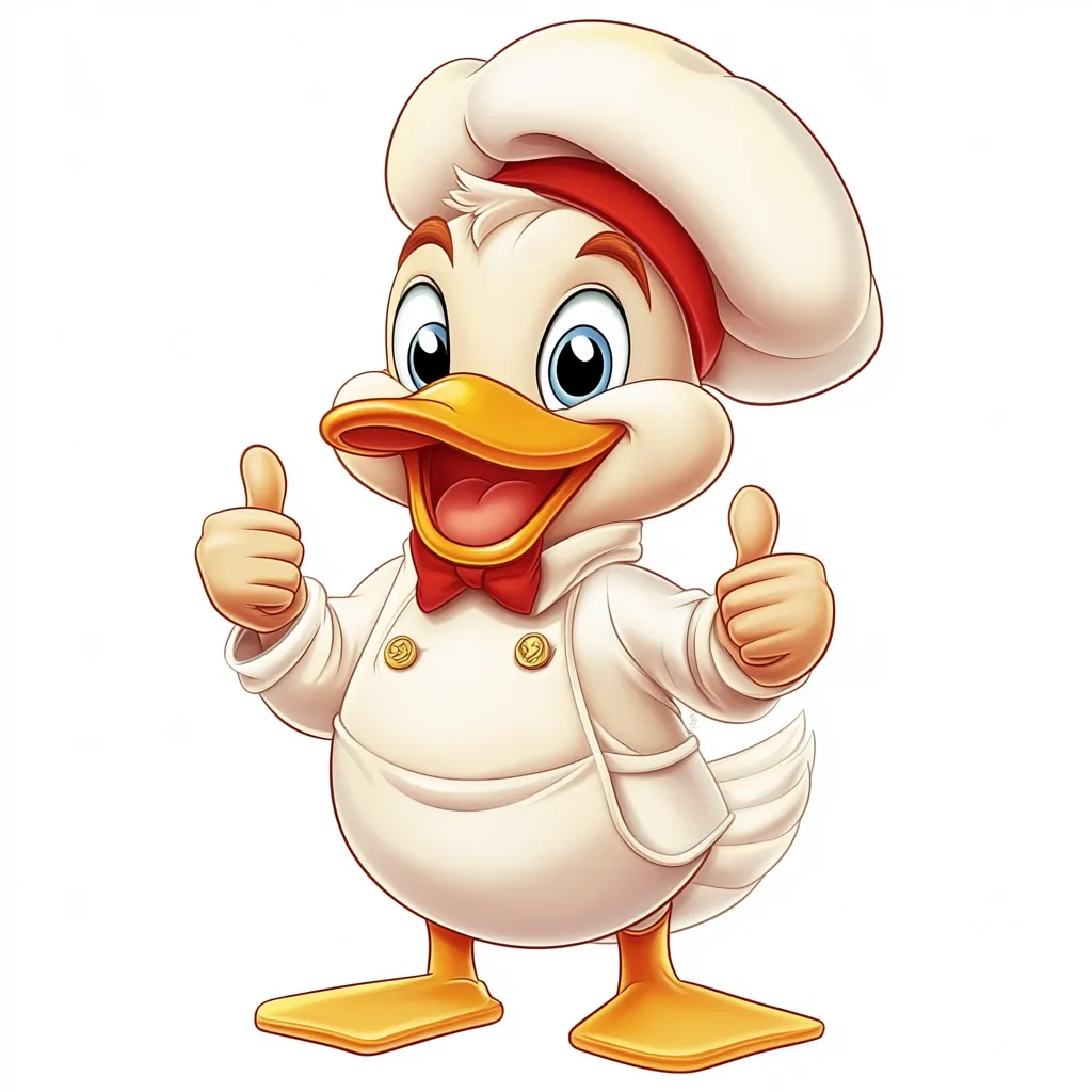The image shows a cartoon duck wearing a chef's hat and a red bow tie. The duck is smiling and giving a thumbs up with both hands. The duck has a white body, yellow beak and feet, and blue eyes. The image is drawn in a cartoon style and has a white background.  The duck appears to be very happy and enthusiastic.  It looks like the duck is proud of his cooking.  The image is fun and lighthearted.