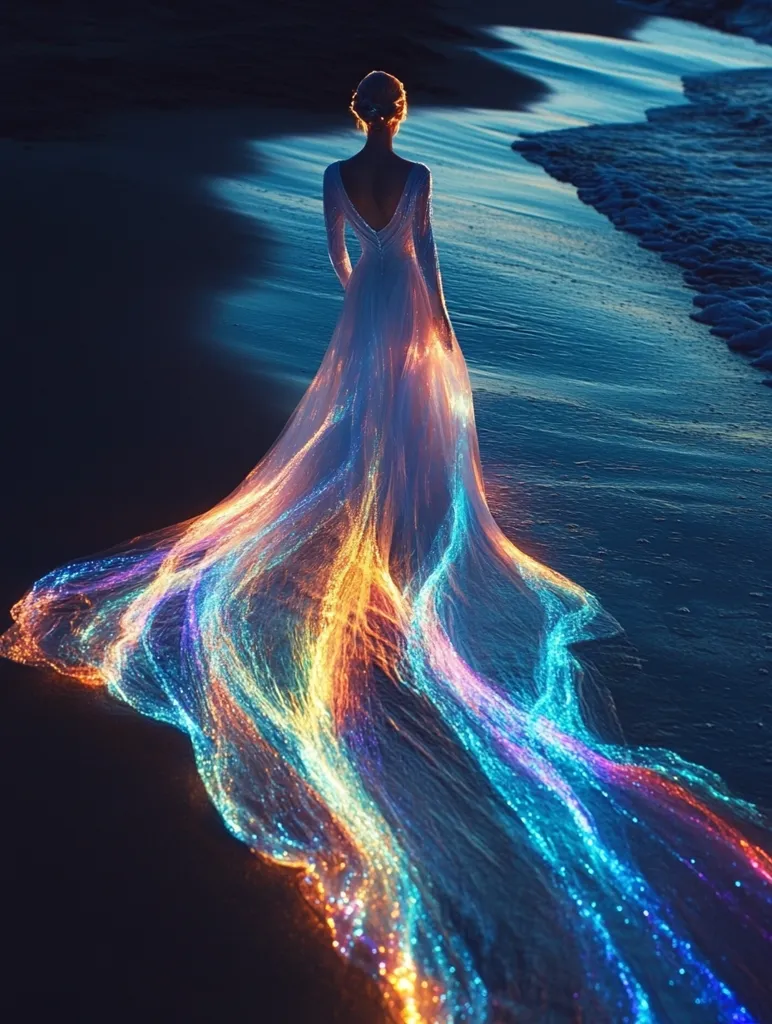A woman in a white gown with a long train walks away from the camera on a sandy beach at night. The train of her gown is illuminated with a vibrant array of colorful lights, creating a magical and ethereal effect. The colors of the lights shift and blend, resembling a waterfall of light. The beach is dark, with the waves of the ocean crashing softly in the background.  The scene is both dreamlike and enchanting.