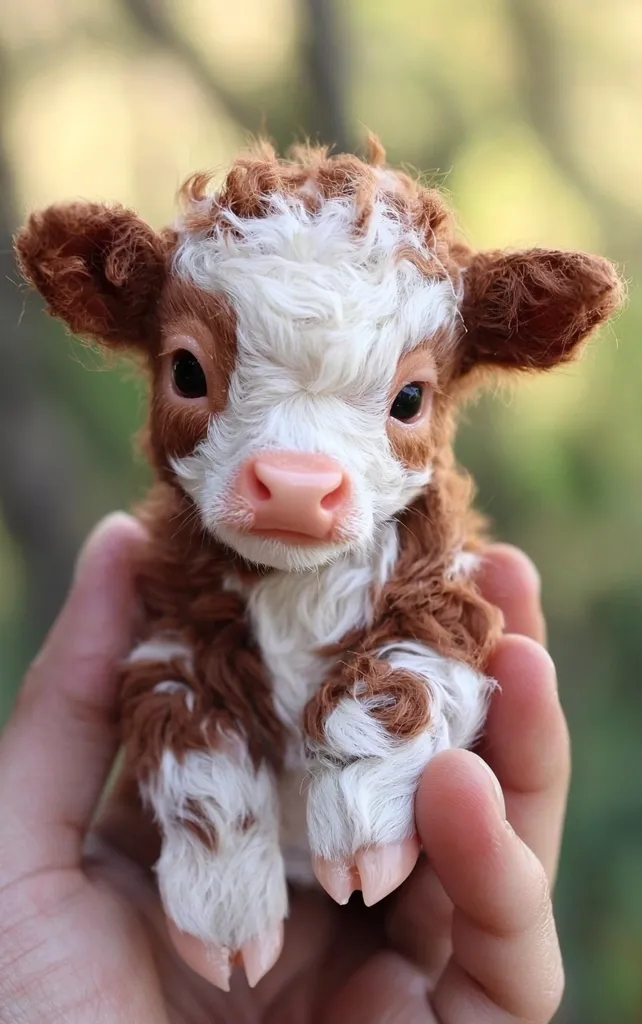 A tiny, fluffy calf with brown and white fur is held in a person's hand. Its big, dark eyes stare directly at the camera with innocence.  The calf has a pink nose and small, delicate hooves. The background is blurred, showcasing the calf's cuteness.