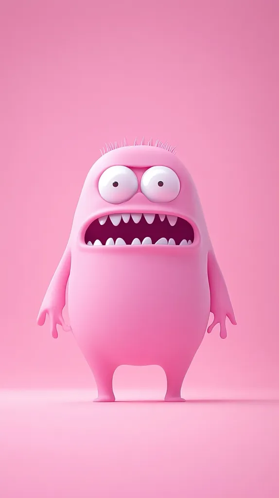 A pink, cartoon monster with large eyes and a wide open mouth stands against a solid pink background. The monster has a round body and small stubby legs. The image is in focus and well lit.  It appears to be a digital creation.