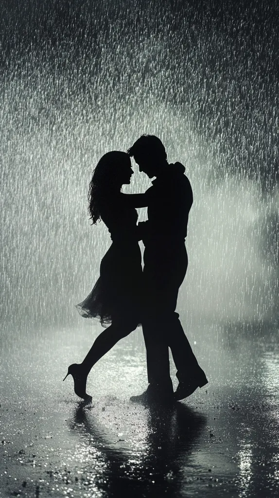 A couple silhouetted against a backdrop of pouring rain. They are embracing, the woman's head resting on the man's shoulder. The man is holding the woman close, his arm around her waist. The rain is falling heavily, creating a romantic and intimate atmosphere. Their silhouettes are stark against the gray sky, and the image is filled with emotion.