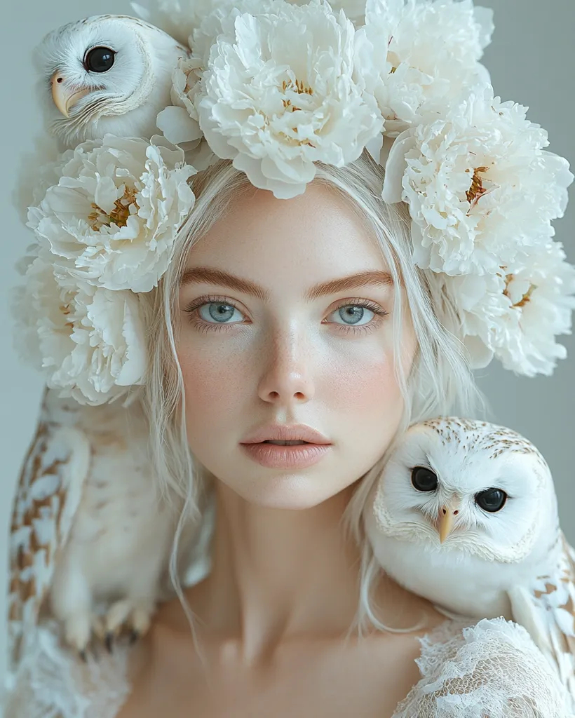 A woman with long, white hair wears a crown of white peonies. She has a soft, ethereal look with a hint of blush on her cheeks. She has a white owl perched on each shoulder, adding to her magical appearance. The overall tone of the image is light and airy, with soft lighting and muted colors.
