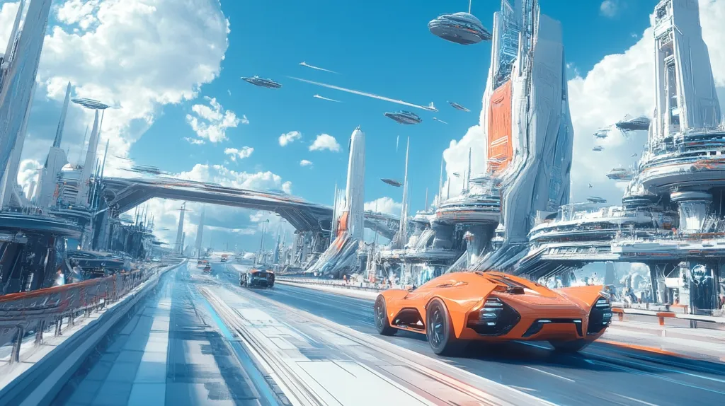The image depicts a futuristic city with towering white structures, intricate bridges, and flying vehicles. A bright orange sports car speeds down a wide, empty highway, with a blue sky and fluffy white clouds overhead. The scene is a blend of technology and nature, suggesting a future where advanced technology coexists with natural beauty.