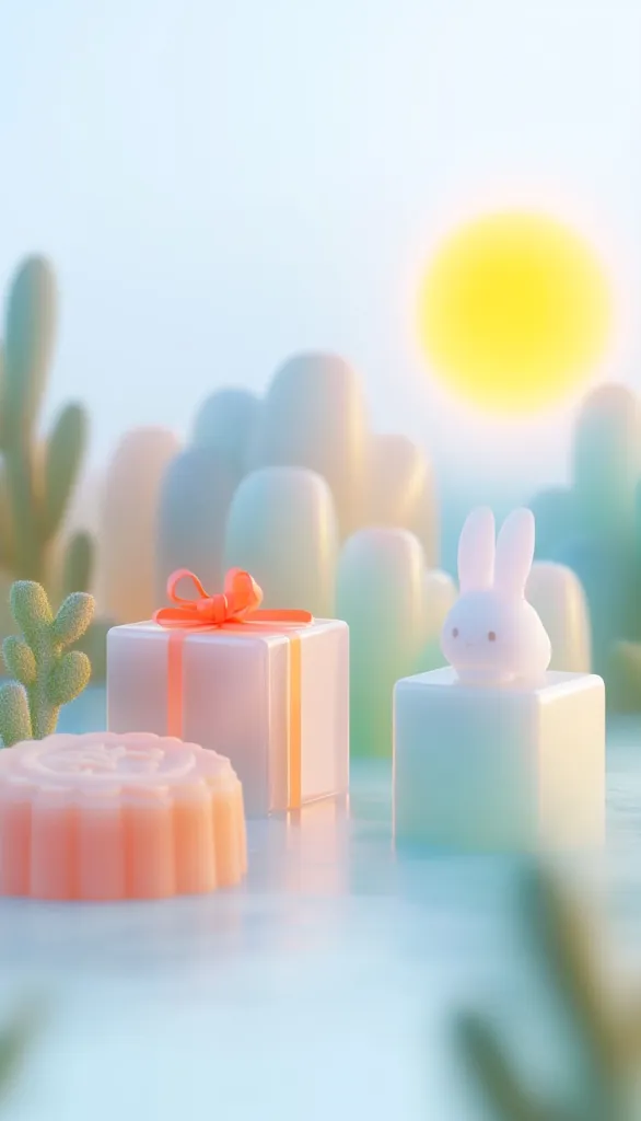 A pastel-colored scene with a white bunny on a cube, a gift box, and a round, pink cake-like object. The background features soft, pastel-colored clouds and a bright yellow sun. The overall feel is light and whimsical.