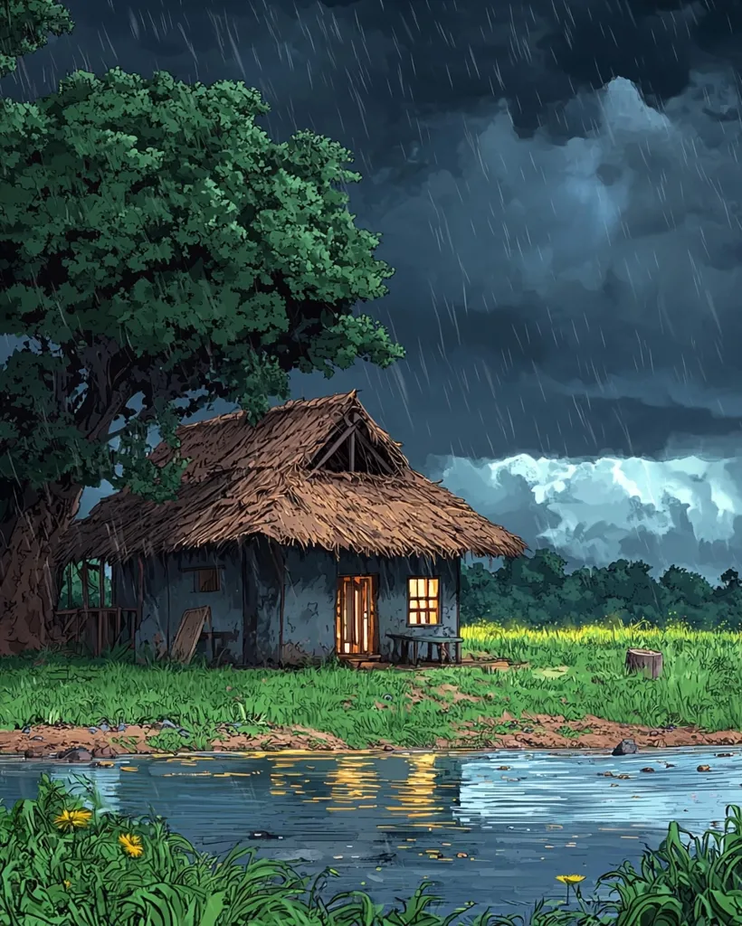 A small, thatched-roof cottage sits on the bank of a river, with a large tree beside it. The sky is dark and stormy, with rain falling heavily. The river is calm and reflects the light from the cottage's windows. The scene is tranquil and peaceful, despite the stormy weather.  The cottage has a stone foundation and a wooden door.  The grass is lush and green.