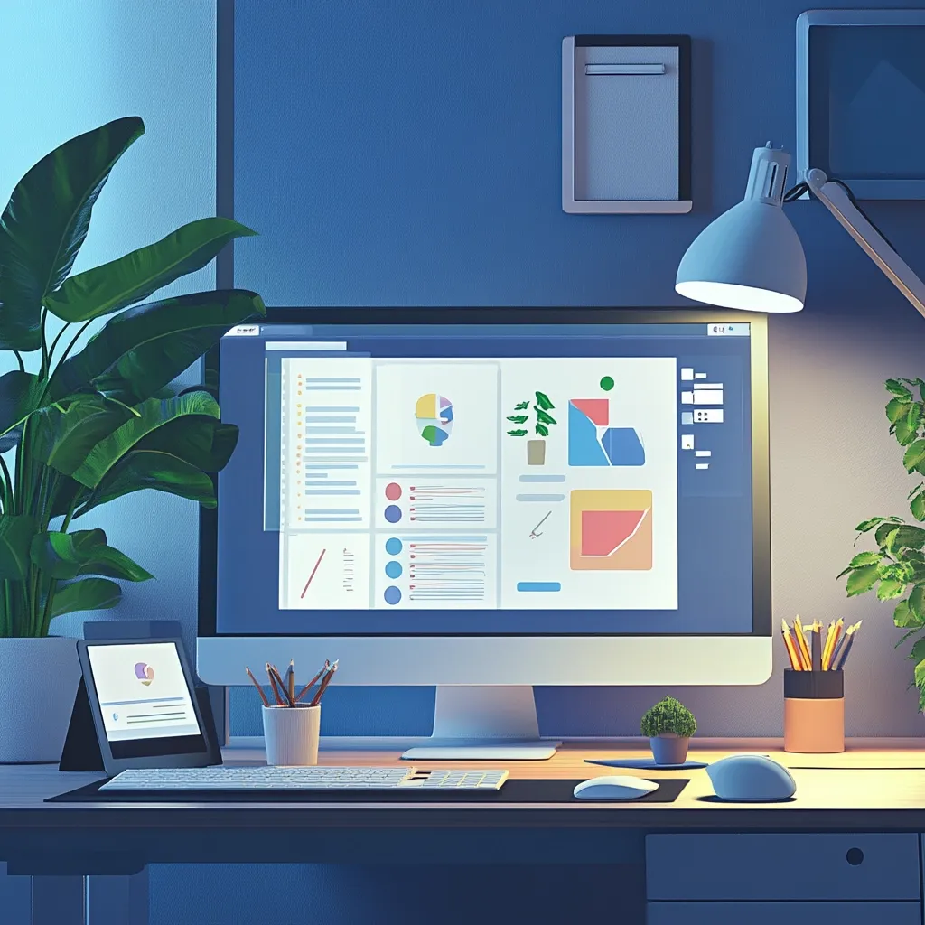 A minimalist desk with a computer monitor displaying charts and graphs. A plant, a desk lamp, and a small potted plant are also on the desk. The desk is wooden and the walls are a dark blue. The lighting is soft and warm. The overall impression is one of calm and focus.