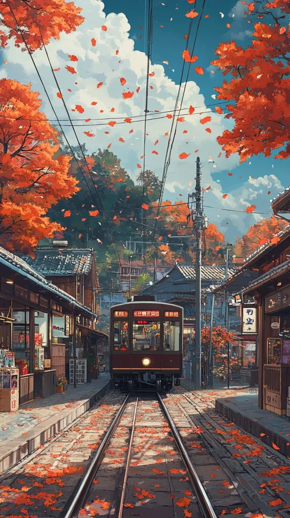 The image depicts a charming, autumnal scene in Japan. A red train rolls along the tracks, passing through a bustling city street. The air is filled with falling leaves, creating a picturesque and colorful spectacle. Traditional Japanese buildings line the street, their windows reflecting the warm glow of the setting sun. The image captures a sense of tranquility and beauty, as the train journey continues through this enchanting urban landscape.