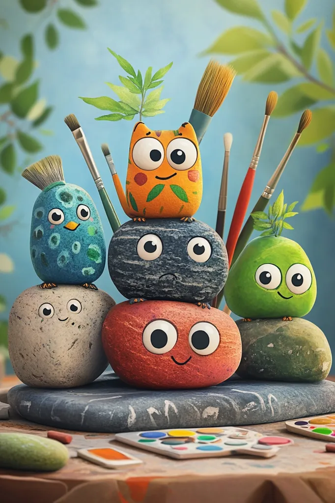 Five colorful, painted rocks with googly eyes and painted expressions are stacked on top of each other in a playful way, with paintbrushes and a palette of watercolors around them.  The scene evokes a sense of childlike creativity and whimsy.