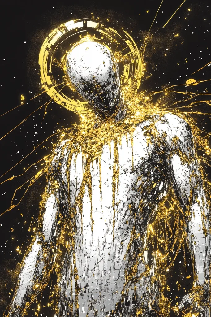A digital art piece depicts a human figure with a glowing halo above its head. The figure is made up of shimmering gold and silver particles that seem to be exploding outwards from the center. The figure is surrounded by a dark background, which adds to the sense of mystery and power. The overall effect is one of awe and wonder, as if the figure is a being of light and energy.