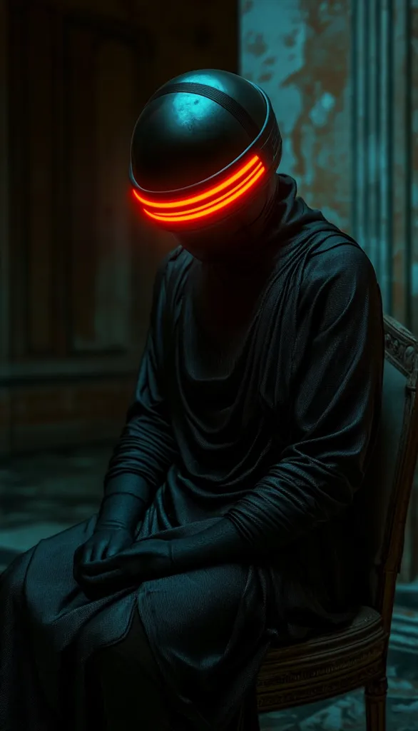 A person wearing a black, hooded garment and a futuristic helmet with glowing red accents sits in a wooden chair. The person's face is obscured by the helmet and the shadows, adding an air of mystery and intrigue to the image. The dimly lit setting contributes to the enigmatic atmosphere.  The image evokes a sense of cyberpunk or sci-fi aesthetics.
