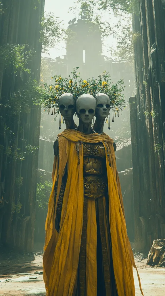 The image depicts a mysterious figure with three heads, clad in a long, flowing yellow robe. Their heads are adorned with a crown of flowers, and they stand in a shadowy, overgrown forest, with the remnants of a crumbling structure visible in the background. The atmosphere is eerie and unsettling, evoking a sense of ancient secrets and forgotten lore. The figure's gaze is intense and enigmatic, leaving the viewer to wonder about its purpose and origins.  The overall composition is striking and evocative, inviting the viewer to delve into the depths of their imagination.