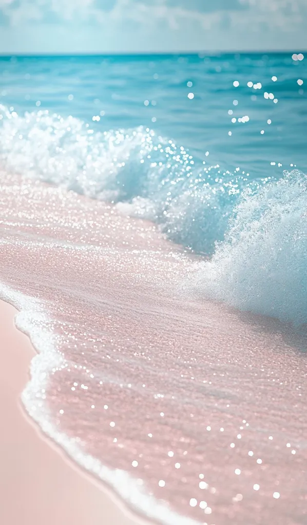 The image captures a serene beach scene with a soft focus.  The azure ocean is calm, its surface sparkling with sunlight.  Gentle waves lap onto the pristine, pale pink sand, creating a dreamy, ethereal atmosphere. The white foam of the waves adds a touch of contrast to the soft colors, creating a visually appealing composition.  The overall effect is one of peace and tranquility.
