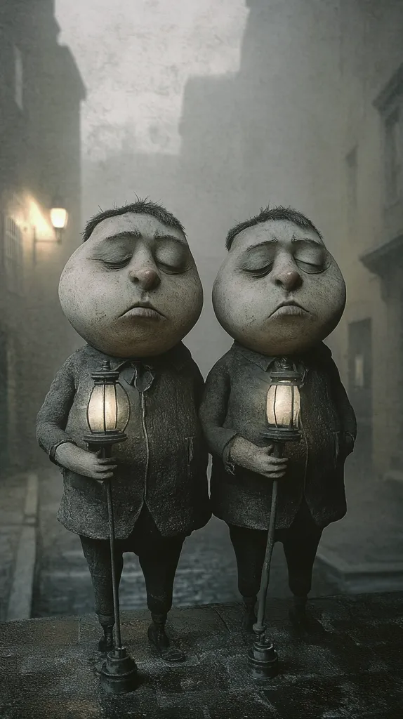 Two identical, somber figures stand in a dimly lit alleyway. They both have large, round heads with closed eyes and serious expressions. Each holds a lantern in front of them, casting a faint glow. The figures wear dark, heavy coats and stand stoic, their shadows stretching long on the ground. The atmosphere is eerie and unsettling, leaving an impression of mystery and suspense.