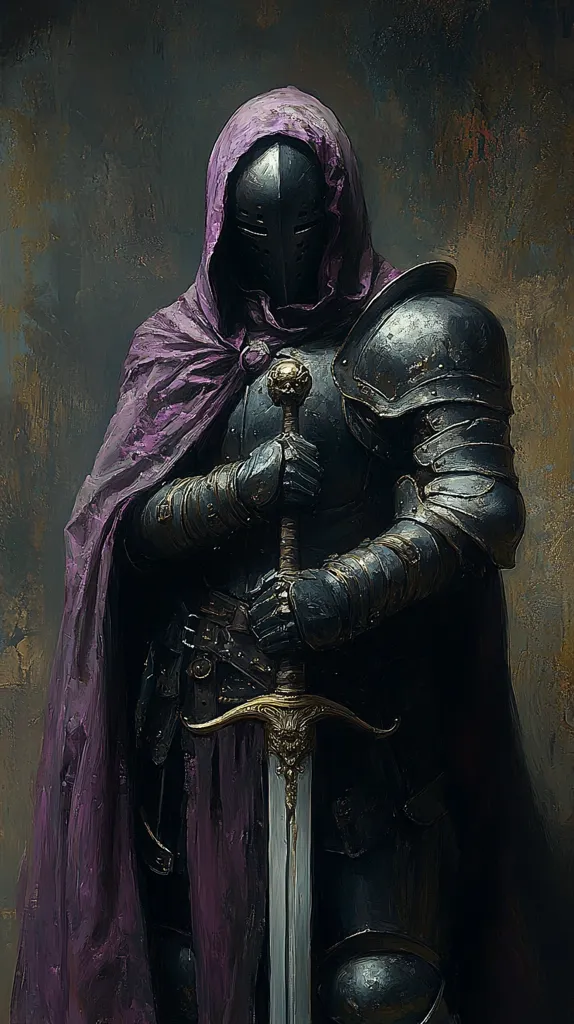 A knight in full armor stands against a dark background. He is cloaked in a deep purple robe, and his helmet obscures his face. He holds a sword with a golden hilt, which is grasped firmly in his gloved hands. The knight's armor is dark and detailed, with intricate designs and accents of gold. The image has a dramatic and mysterious feel, suggesting the knight's strength and power.