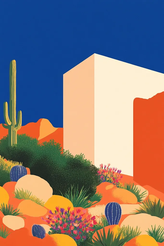 The image depicts a desert landscape with a tall, slender cactus in the foreground, a large white building in the background, and a smaller, red building in the far right. Lush green bushes and a variety of flowering plants grow between the buildings and surrounding rocks, creating a vibrant contrast against the blue sky.