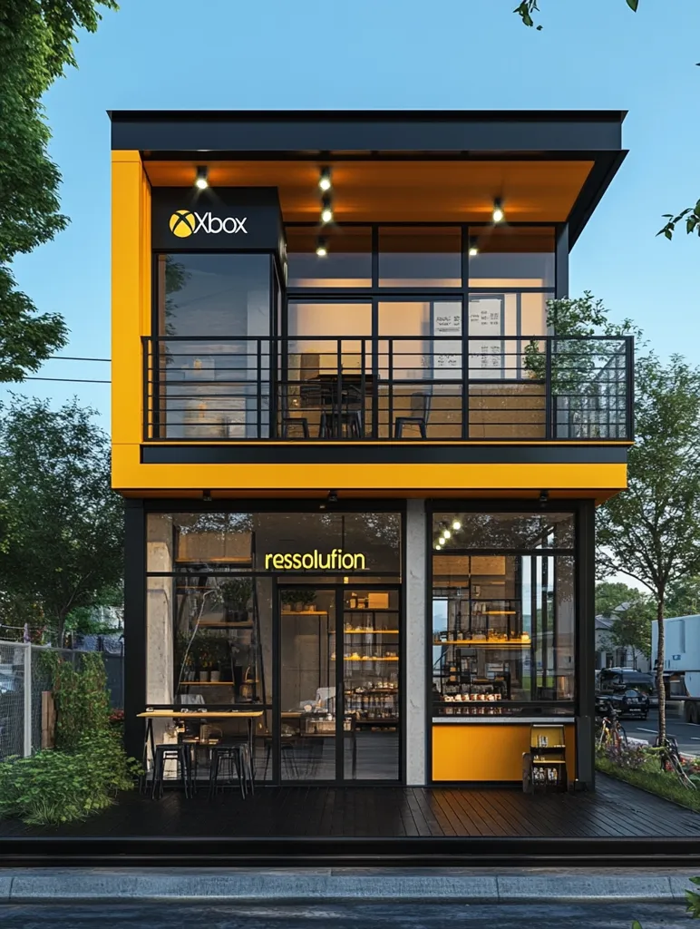 A two-story building with a black and yellow color scheme. The top floor has a balcony with black railings and a sign that reads "Xbox". The bottom floor has large windows, a black door and a sign that reads "ressolufion". There are two tables and chairs outside the store, and a black wooden floor. The building is surrounded by greenery.