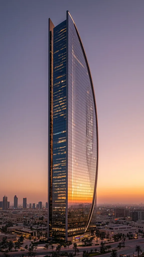 A tall, sleek, modern skyscraper with a curved facade stands out against a backdrop of a vibrant sunset. The building's glass windows reflect the warm hues of the sky, creating a mesmerizing display of light and color. The cityscape sprawls out below, with smaller buildings and lush greenery adding depth and detail to the scene. The overall effect is one of architectural beauty and urban grandeur, captured in the soft glow of twilight.