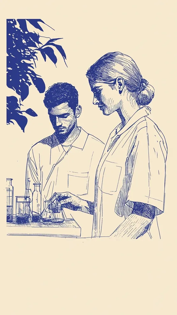 A hand-drawn illustration of two people, a man and a woman, in lab coats, working in a laboratory setting. The woman is holding a flask, while the man looks on. There are several beakers and flasks on the table behind them, and a leafy branch in the background. The image is drawn in blue ink on a cream-colored background.