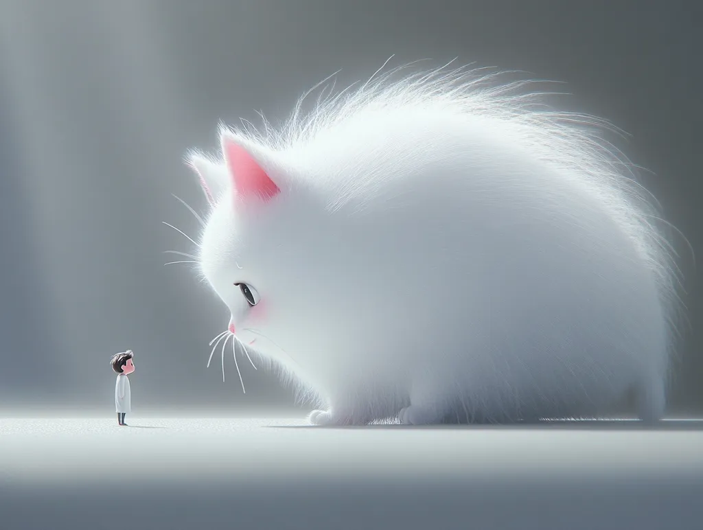 The image shows a large, fluffy white cat with pink ears and a tiny human figure standing in front of it. The cat is facing the human, its eyes closed and its whiskers visible. The human is wearing a white coat and looking up at the cat with a slight frown. The background is a soft, grey color. The image is likely intended to be humorous and cute, contrasting the size of the cat and the human.