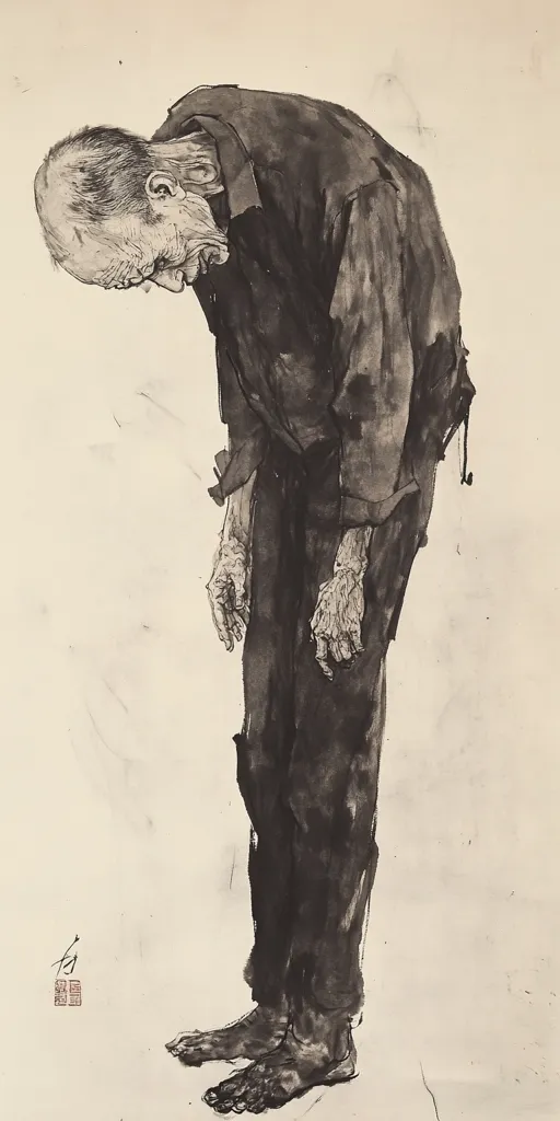 A black and white ink drawing of a hunched over, elderly man with wrinkled skin and long, bony fingers.  He is wearing dark pants and a loose, dark shirt and appears to be looking down, with his head bowed in a posture of sadness or humility. The drawing is on a light beige background and the artist's signature is visible in the lower left corner.