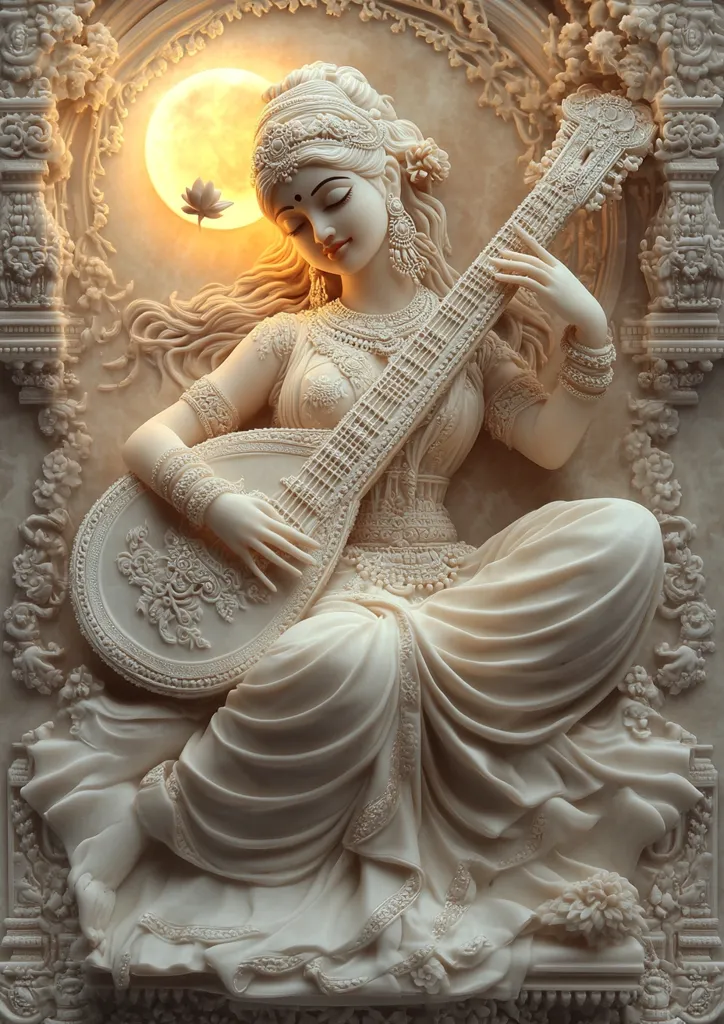 A white marble relief sculpture depicts a woman playing a sitar.  Her long hair flows down her back, and she wears elaborate jewelry and a flowing gown.  She sits in a decorative, ornate setting with a large moon behind her.  The intricate details of the sculpture are striking, capturing the grace and beauty of the scene.  The soft lighting adds to the elegance and serenity of the artwork.