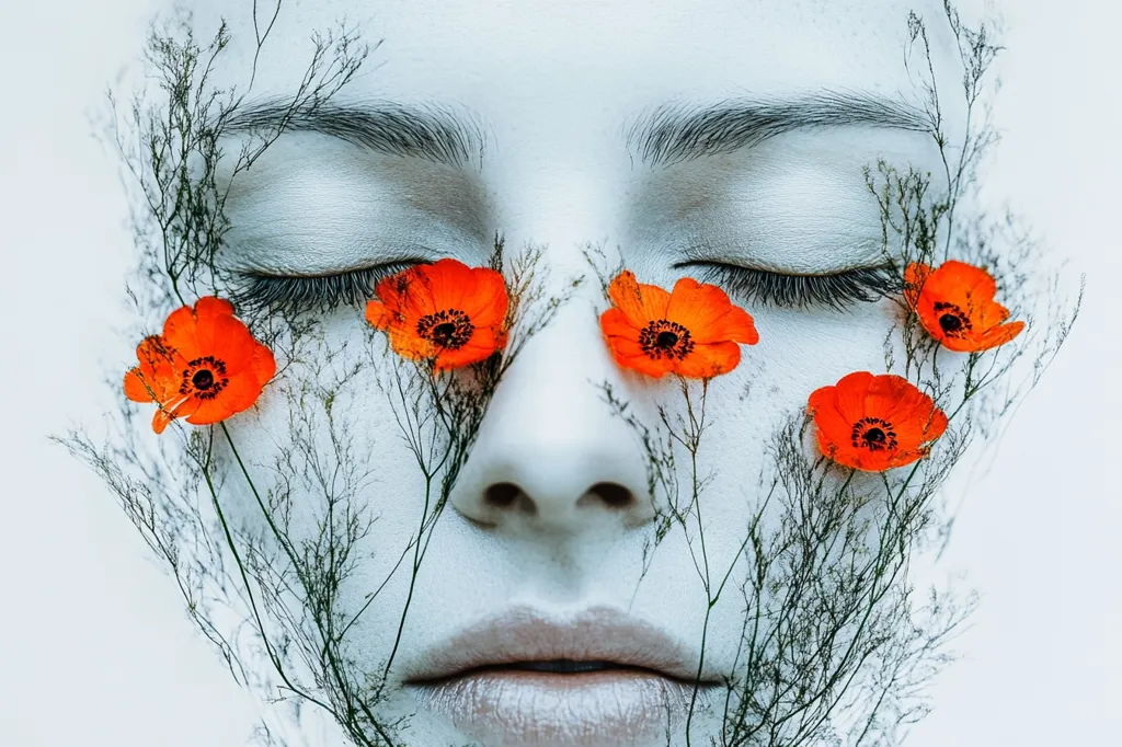 A close-up shot of a woman's face with her eyes closed.  Her face is painted white and is covered in delicate black branches with bright orange poppies blooming.  The image is artistic and surreal.  The poppies seem to be growing out of her face.
