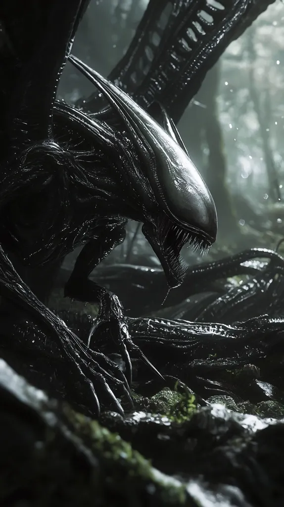 A menacing alien creature, its black, glossy skin glistening, crouches in a dark, shadowy forest. Its sharp, jagged teeth are bared in a menacing snarl, its eyes glowing with an eerie light. Its long, spindly limbs are poised for attack, and its segmented body gives it an otherworldly appearance. The creature's presence is both captivating and terrifying, evoking a sense of primal fear and the unknown.