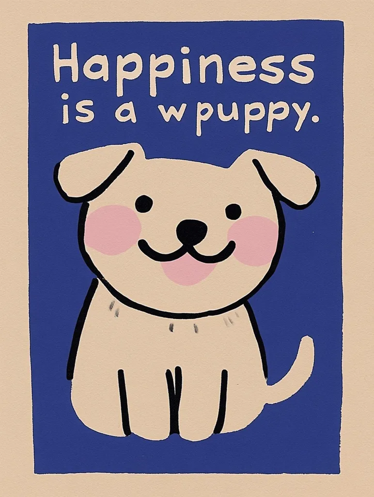 The image is a simple cartoon illustration with a light brown puppy sitting on a blue background. The puppy has black eyes, a black nose, and a pink tongue sticking out. The text "Happiness is a puppy" is written in black on the top of the image. The overall tone of the image is positive and cheerful.