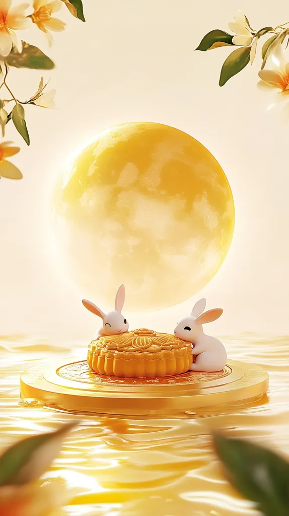 Two white rabbits are sitting on a golden plate floating in water. The plate holds a mooncake, a traditional Chinese pastry. A large, yellow moon fills the background, and white flowers with green leaves are in the corners of the image, creating a festive and celebratory atmosphere.  The image is likely inspired by the Mid-Autumn Festival, a Chinese holiday celebrated with mooncakes.