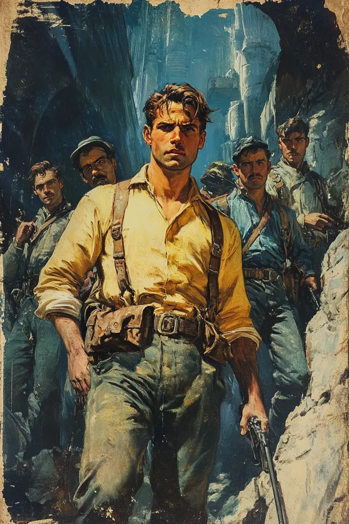 The image is a painting of a group of men, likely soldiers, in a rugged and mountainous terrain. The central figure, a young man with a determined expression, stands tall and holds a gun in his right hand. He is dressed in a yellow shirt and brown pants, with a belt and suspenders. The men around him are also dressed in military attire and appear ready for battle. The background suggests a harsh and unforgiving environment. The painting captures the tension and danger of war.  The style is realistic and the colors are muted, giving the image a somber tone. The overall impression is one of strength, resilience, and the inevitability of conflict.