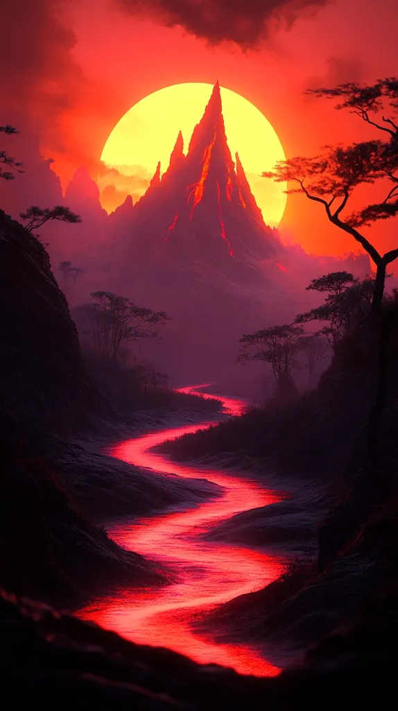A fiery red sunset illuminates a dramatic landscape. A towering, jagged mountain stands against the glowing orb, while a crimson river winds through the dark valleys below. Silhouettes of trees line the riverbank, adding a touch of mystery to the scene. The warm colors evoke a sense of both beauty and power.