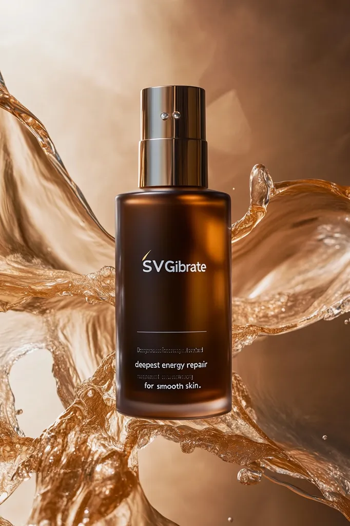 A brown glass bottle of skincare product labeled "SVGibrate" sits in a splash of liquid that is light brown in color. The product's label reads "Deep-penetrating Essence, deepest energy repair, radiant energy for smooth skin". The bottle has a gold and silver pump.  The background is a blurred, light brown color.